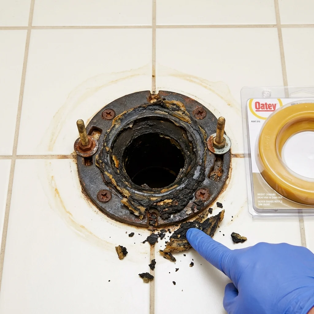 Failed wax ring showing water seepage at the base of a toilet in a Spencer, MA home