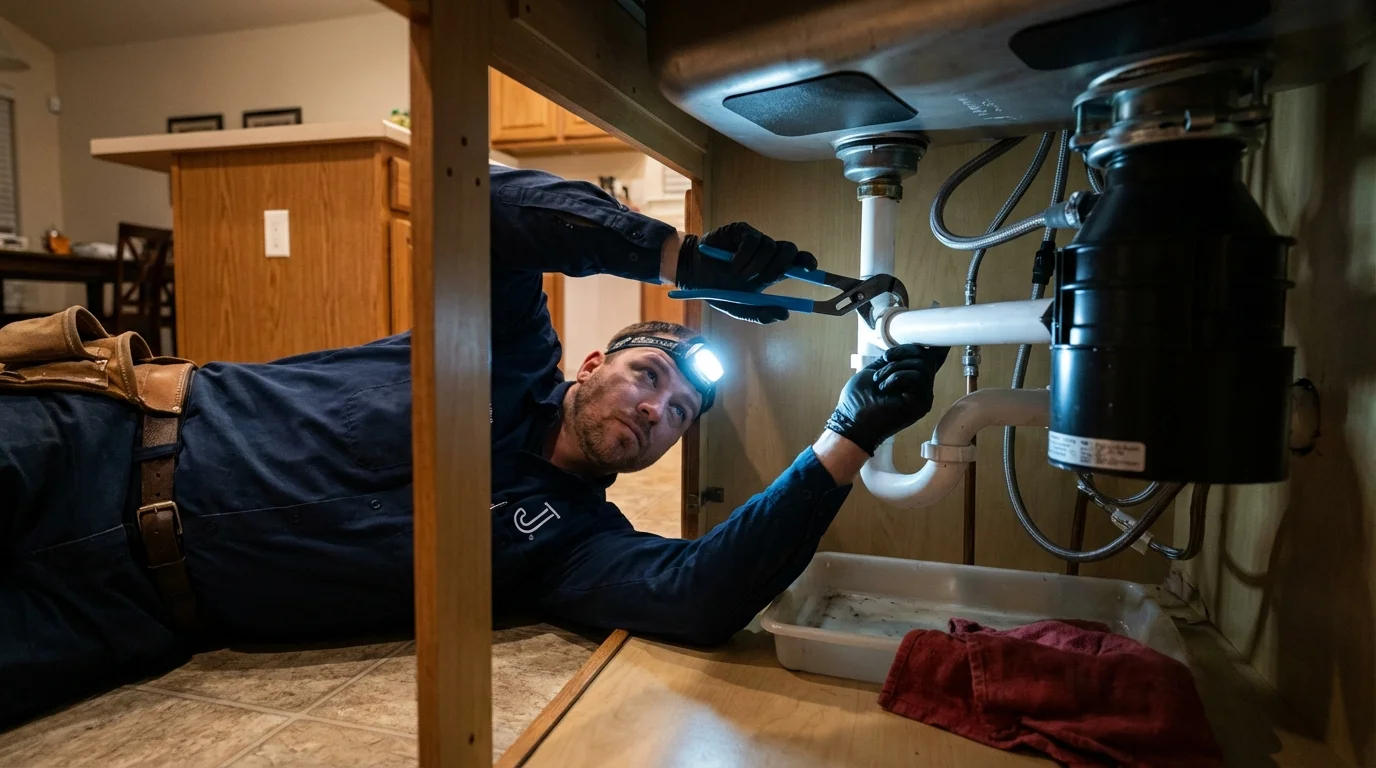 P-trap and supply line connections under a kitchen sink showing a common leak point in Spencer, MA